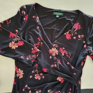 Lauren Ralph‎ Lauren Floral Ruched Dress Black Pink 3/4 Sleeve Knee Size 10